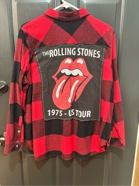 Upcycled Plaid Flannel with Rolling Stones Patch